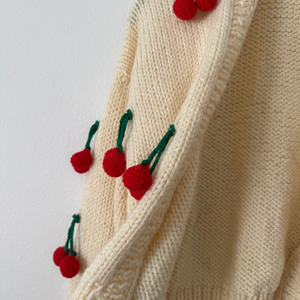 Society Mano Cream Cherry Applique Chunky Knit Cardigan - Picture 3 of 5